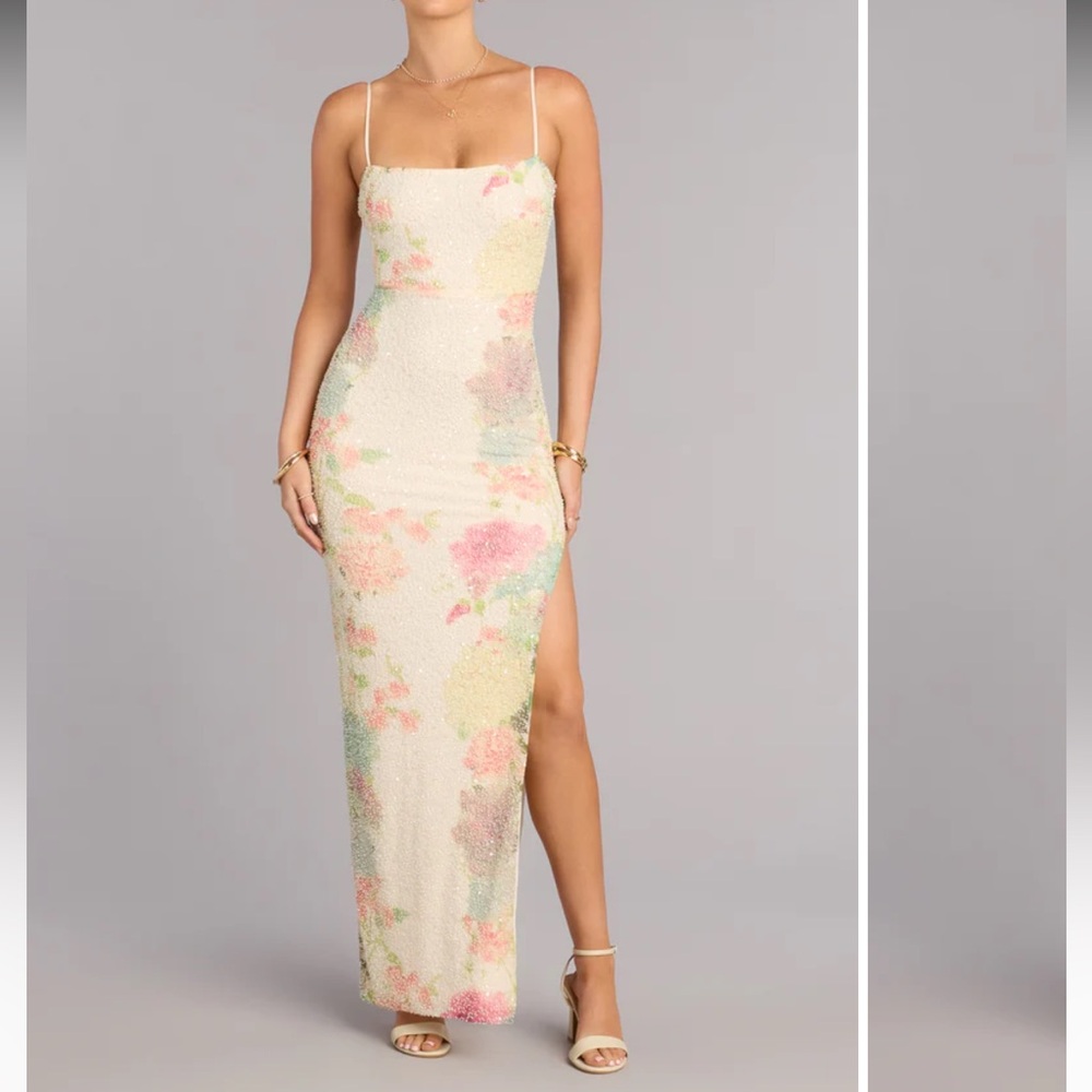 Linda Windsor Dress, Floral/Cream Beaded Maxi Dress